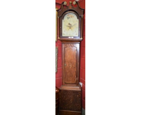 A George III oak and mahogany crossbanded longcase clock, 31cm arched painted dial inscribed with Arabic numerals, date apert