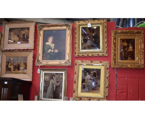 A collection of crystoleums, some Victorian, gilt frames; a print, after Millail (7)