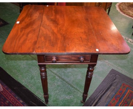 A Victorian mahogany Pembroke table, rectangular top with fall leaves, above a single frieze drawer, blind to verso, bun hand