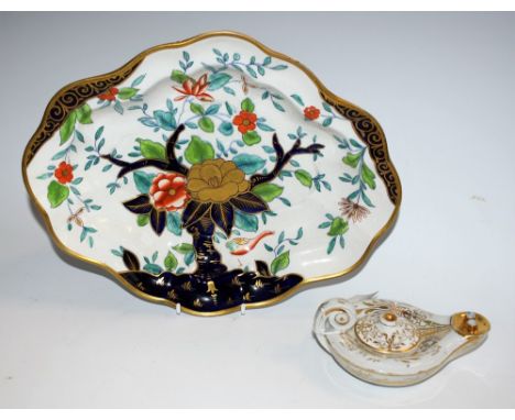 A Coalport shaped oval dish, decorated with a stylised goose, peonies and tree, in cobalt blue, green, orange and blue, picke