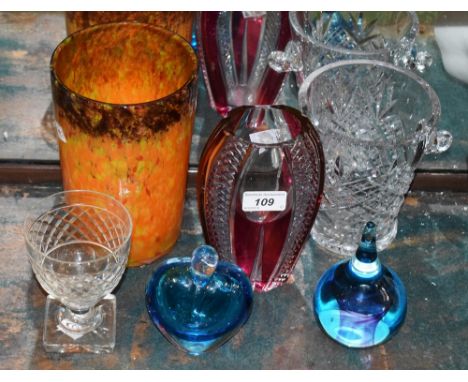 A studio glass compressed ovoid ruby overlaid vase, signed Lawley, 18cm high; a Monart type glass vase, 20cm high; a cut glas
