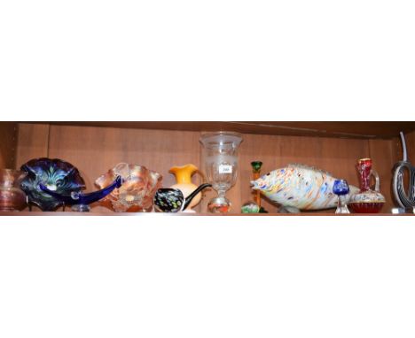 Decorative coloured glass including a large Murano fish; a Carnival glass bowl, celery vase, paperweights; etc 