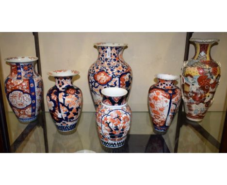 A Japanese Imari baluster vase, c.1900, 37cm high; others similar; a Japanese Satsuma vase (6)