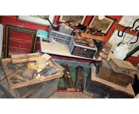 A quantity of organ builder's tools, including wooden planes, various styles, clamps, measures, files, saws, tool chests; etc