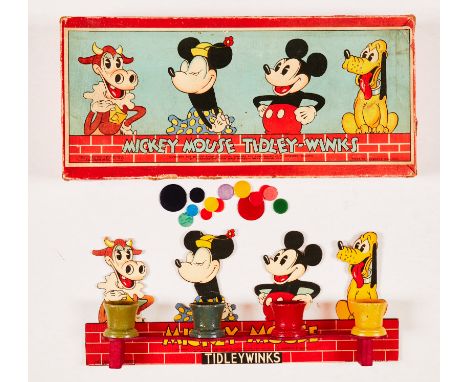 Mickey Mouse Tidley-Winks game (1930s) by Chad Valley. Figures bright and fresh, Pluto's yellow holder neatly repaired, box [