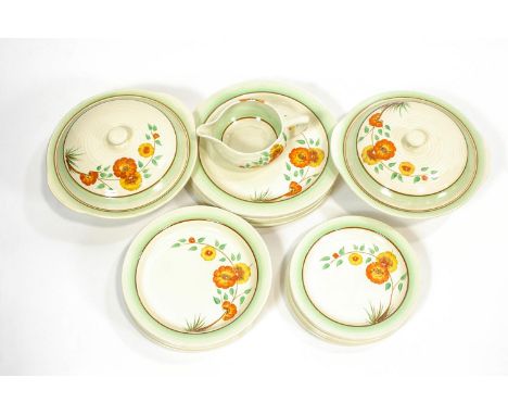 A Clarice Cliff part dinner service, comprising two tureens and covers, three graduated serving dishes, a sauce boat and six 