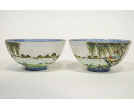 Two Chinese eggshell porcelain bowls with blue raised enamel decoration and landscape scene to exterior