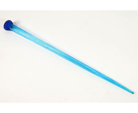 A Victorian blue glass reeded walking stick/cane, 90cm long