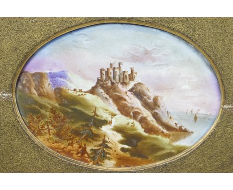 A romantic castle by a seascape, painting on ceramic, oval, 20cm x 28cm