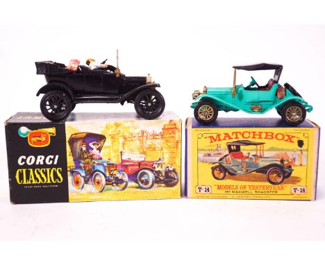 Three boxed Corgi Classics - a Bentley, a Ford Model T and a Daimler, with a boxed Matchbox Packard Lanaulet and a Maxwell Ro