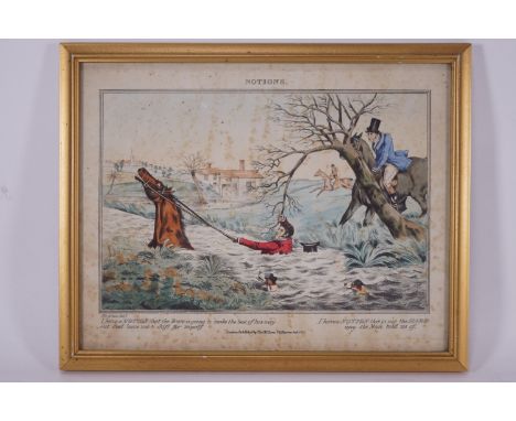 A group of four hand coloured copper line engravings of hunting scenes entitled 'Notions', 20cm x 25cm