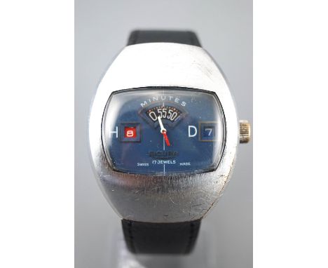 A stainless steel wristwatch by Sicura. 17 jewelled manual wind movement. Hour, minute and date dials; blue face; black leath