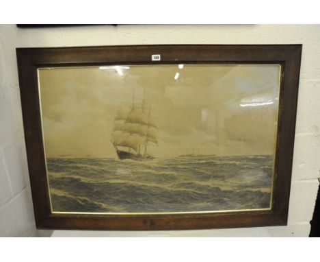 Large oak framed print of a Sailing ship and Paddle steamer in The Channel by Schnars-Alquist, Hamburg 1909 - Harrods label r