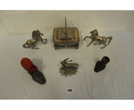 Silver plate seafood dish, 2 metal horses and a stag, unusual boot candlestick and a shoe pin cushion 
