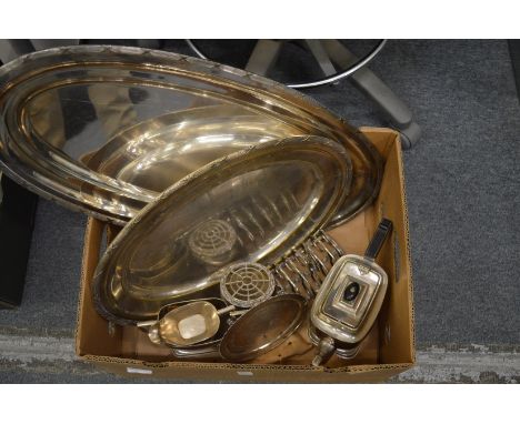 A plated three piece tea service, serving dishes etc.