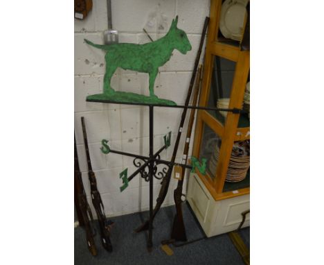 A very good large wrought iron weather vane, the top mounted with a cut-out of an English bull terrier.