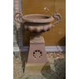 A good large pair of Victorian style cast iron twin handle urns on tapering bases.