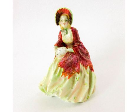 Harradine Classics series. Light green dress and polychrome shawl. Holding a hand muff.Royal Doulton backstamp. Artist: Lesli