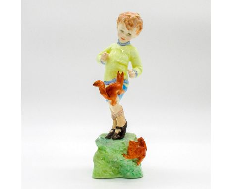 Figurine modeled as boy wearing yellow and blue outfit playing with squirrels. Royal Worcester backstamp.This item has no res