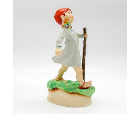 Modeled as child in grey dress and red hat marching in the breeze with walking stick. Royal Worcester backstamp.This item has