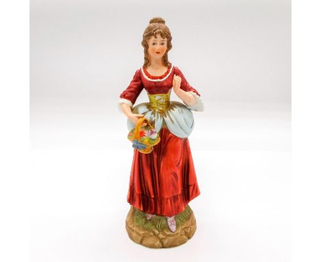Depicting a peasant woman holding a basket of flowers. Maker's backstamp.This item has no reserve. Dimensions: 8.75"HManufact