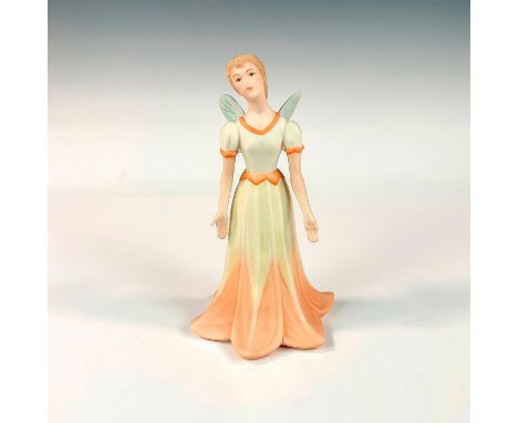 Bisque figure with orange and off-white tulip shaped gown. Fairy wings in light blue. Ispansky imprint on lower dress and sig