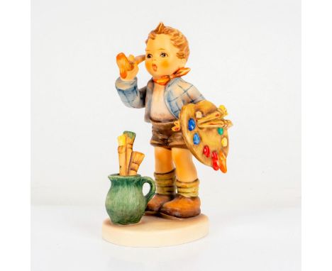 Porcelain hand painted in matte finish. Goebel backstamp. Impressed M. I. Hummel to base. Dimensions: 3"L x 2.25"W x 5.5"HMan