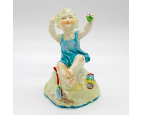 Days of the Week series. Hand painted figure. Child in blue outfit seated on the sand with toys.Royal Worcester backstamp. Th