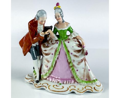 Hand painted; pink, green, and red colorway. Gentleman offering woman his hand in dance.This item has no reserve. Issued: 20t