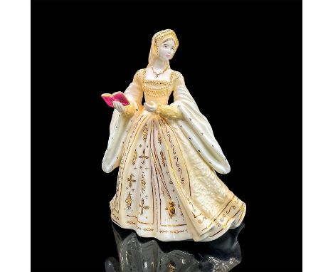 Fine bone china figure of the iconic Queen of England (1509-1533), first wife of King Henry VIII, holding a book, in a regal 