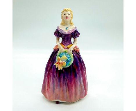 Porcelain figure depicting a lady in a colorful gown holding a floral hat. Coalport backstamp on base.This item has no reserv