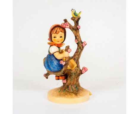 Matte and glossy finish piece featuring blush faced little girl sitting in a flowering tree with a blue and green bird. Goebe