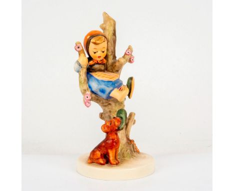Hand painted in matte finish piece featuring little girl in a tree and a dog below. Goebel backstamp. Impressed M. I. Hummel 