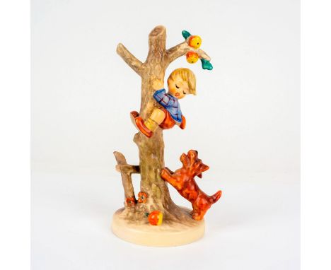Hand painted in matte finish piece featuring little boy in a tree and a dog below. Goebel backstamp. Impressed M. I. Hummel t
