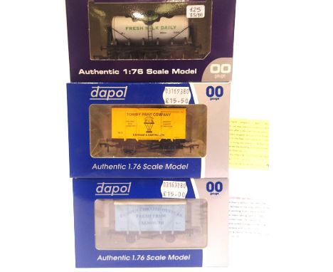 3x Dapol limited edition wagons, Torbay Paint 74/111, Falmouth Oysters 79/105, Wiseman milk, no certificate. P&amp;P Group 1 