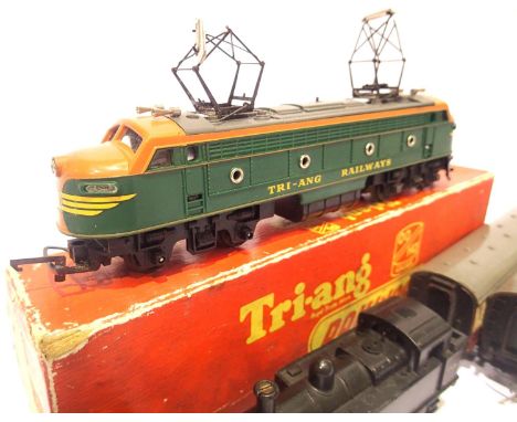 Triang Railways double ended twin pantograph locomotive, green/orange and Triang Jinty, two coaches and one wagon, all play w