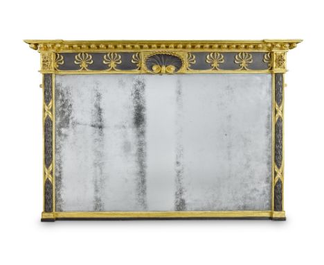 A late George III or Regency simulated bronze decorated and parcel gilt landscape overmantel mirrorCirca 1805The rectangular 