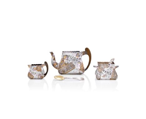 A good Elkington 'Archaic' silver and parcel gilt three-piece tea serviceFrederick Elkington,   Birmingham, 1886Of rectangula