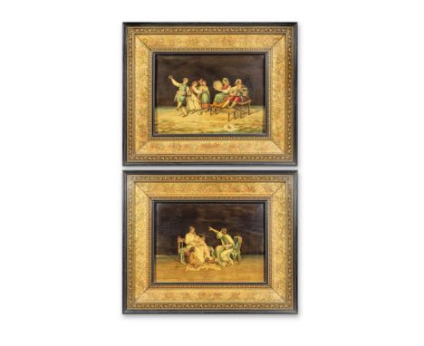A pair of good late 19th century Southern Italian 'Sorrento' fruitwood and stained wood marquetry inlaid framed figural plaqu