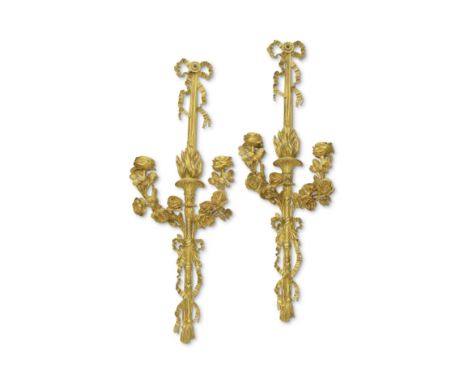 A pair of French gilt bronze twin light wall appliquesIn the manner of Pierre-François and Lucien-François Feuchère (French, 