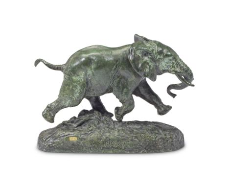 Antonie Louis Barye  (French, 1795-1875): A green patinated bronze model of 'Elephant du Sénégal (Senegalese Elephant)'Posthu