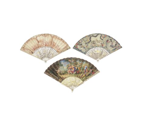A collection of three second half 18th century carved and pierced mother of pearl folding fansProbably FrenchThe first fan wi