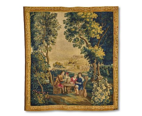 A charming Lille tapestry 'The Card Players'C.1850, probably after designs by David Teniers II (Flemish, 1610-1690)Woven in w