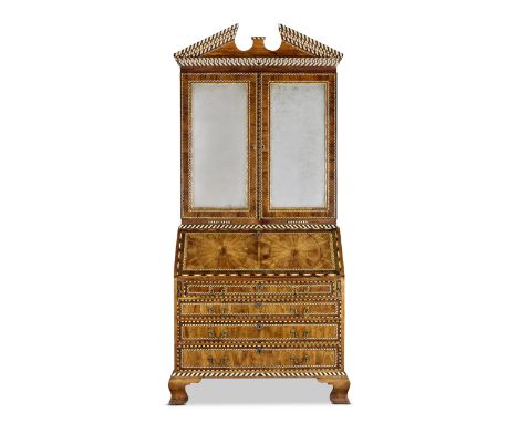 A George II rosewood, kingwood oyster veneered, walnut, ivory and ebony chequer-inlaid bureau cabinet of generous proportions