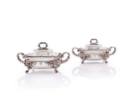 A pair of George IV silver sauce tureensWilliam Bateman,  London 1829Oblong bellied form, with shell and acanthus rims, and n