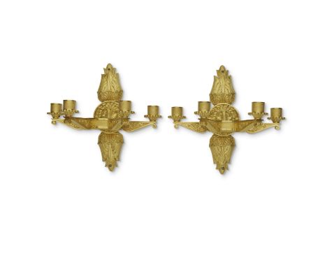 A pair of French gilt bronze four light wall appliquesIn the Empire taste, probably early 19th centuryThe four short scrollin