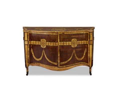 A George III harewood, purplewood, ebonised and fruitwood marquetry serpentine commode1775-1780, possibly made by the cabinet