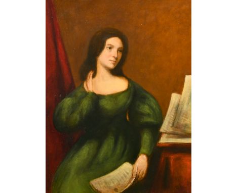 J.K. Pelham (19th Century) Portrait of a seated lady wearing a green dress and holding papers, oil on board, signed, 17.5" x 