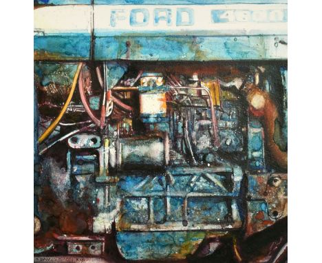 David Poxon, 'Tractor Engine', watercolour, signed, labels verso, 11.75" x 11.75", (30x30cm).