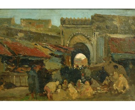 George Charles Haite (1855-1924) British, 'Gateway to the Market, Tangiers', oil on panel, 6.25" x 9.5" (16 x 24cm), in a fin